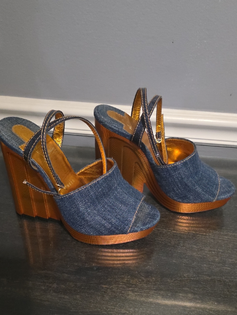 Auth Christian Louboutin Mira Colunata 120 Denim Gold Deco Platform Heel 38½ 8.5